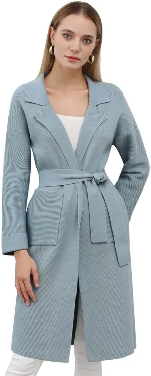 CHICWISH Women's Open Front Cardigan Long Sleeve Notch Lapel Belted Longline Coatigan Ribbed Knit Coat With Pockets