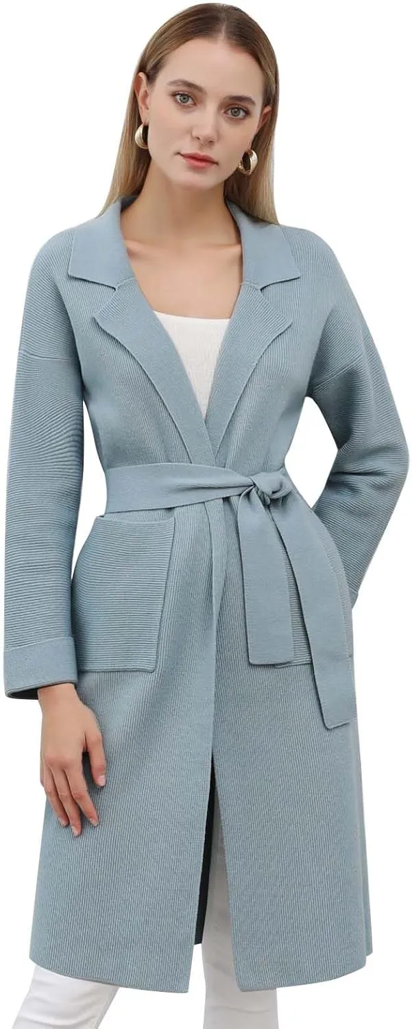 CHICWISH Women's Open Front Cardigan Long Sleeve Notch Lapel Belted Longline Coatigan Ribbed Knit Coat With Pockets