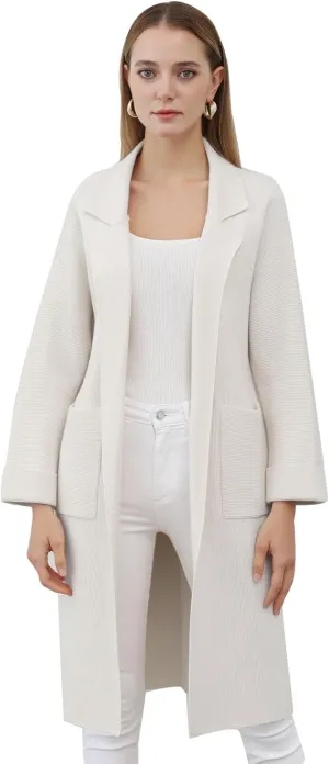 CHICWISH Women's Open Front Cardigan Long Sleeve Notch Lapel Belted Longline Coatigan Ribbed Knit Coat With Pockets