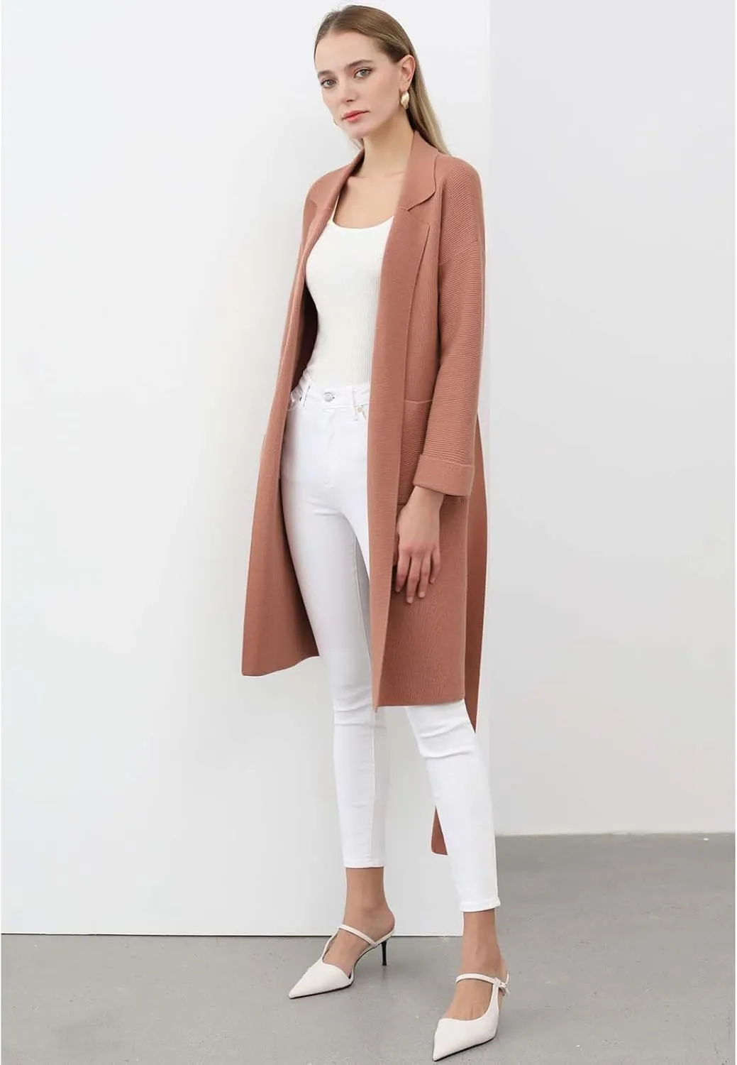 CHICWISH Women's Open Front Cardigan Long Sleeve Notch Lapel Belted Longline Coatigan Ribbed Knit Coat With Pockets