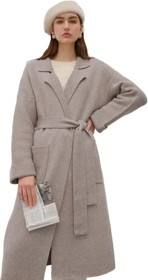 CHICWISH Women's Open Front Cardigan Long Sleeve Notch Lapel Belted Longline Coatigan Ribbed Knit Coat With Pockets