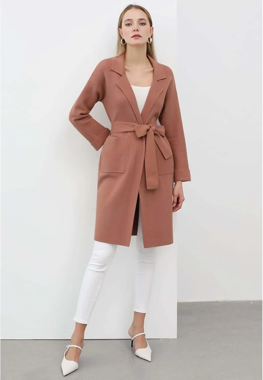 CHICWISH Women's Open Front Cardigan Long Sleeve Notch Lapel Belted Longline Coatigan Ribbed Knit Coat With Pockets
