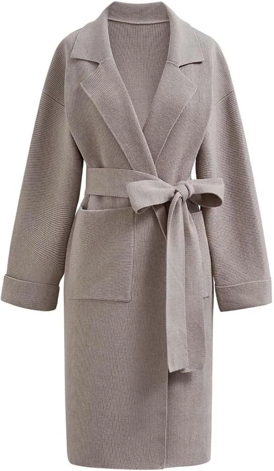 CHICWISH Women's Open Front Cardigan Long Sleeve Notch Lapel Belted Longline Coatigan Ribbed Knit Coat With Pockets
