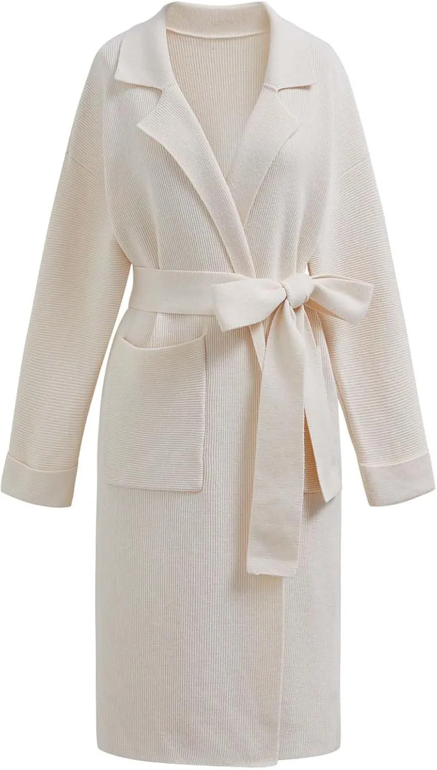 CHICWISH Women's Open Front Cardigan Long Sleeve Notch Lapel Belted Longline Coatigan Ribbed Knit Coat With Pockets