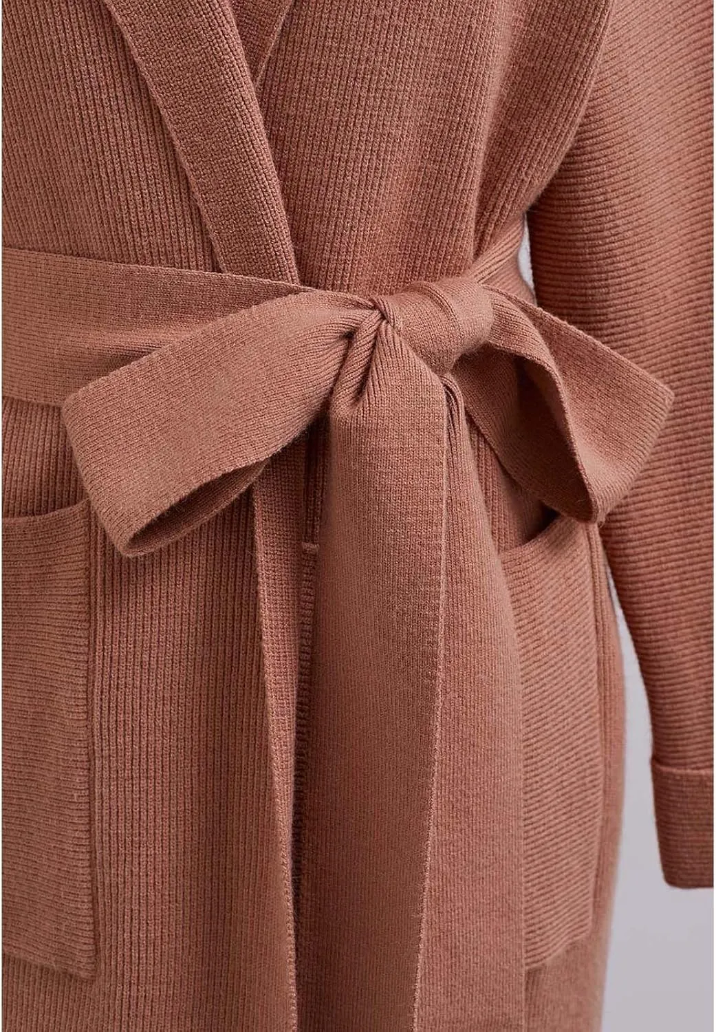 CHICWISH Women's Open Front Cardigan Long Sleeve Notch Lapel Belted Longline Coatigan Ribbed Knit Coat With Pockets