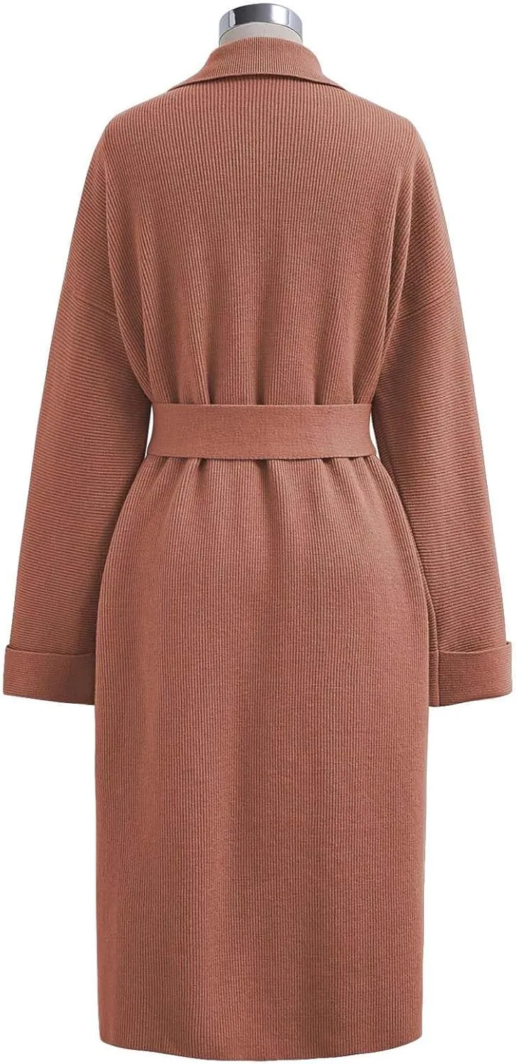 CHICWISH Women's Open Front Cardigan Long Sleeve Notch Lapel Belted Longline Coatigan Ribbed Knit Coat With Pockets