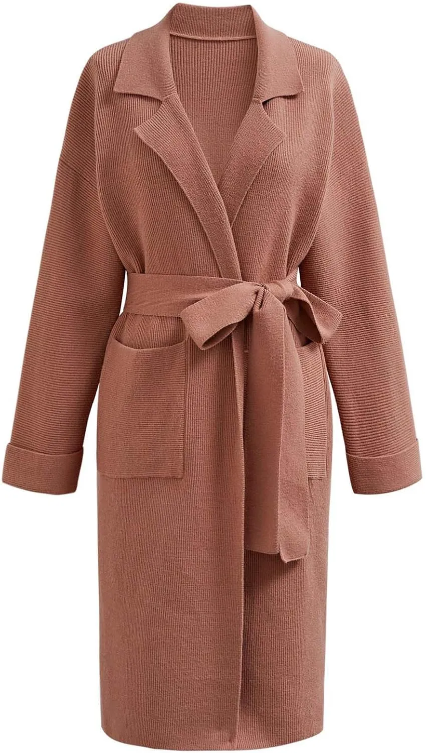CHICWISH Women's Open Front Cardigan Long Sleeve Notch Lapel Belted Longline Coatigan Ribbed Knit Coat With Pockets