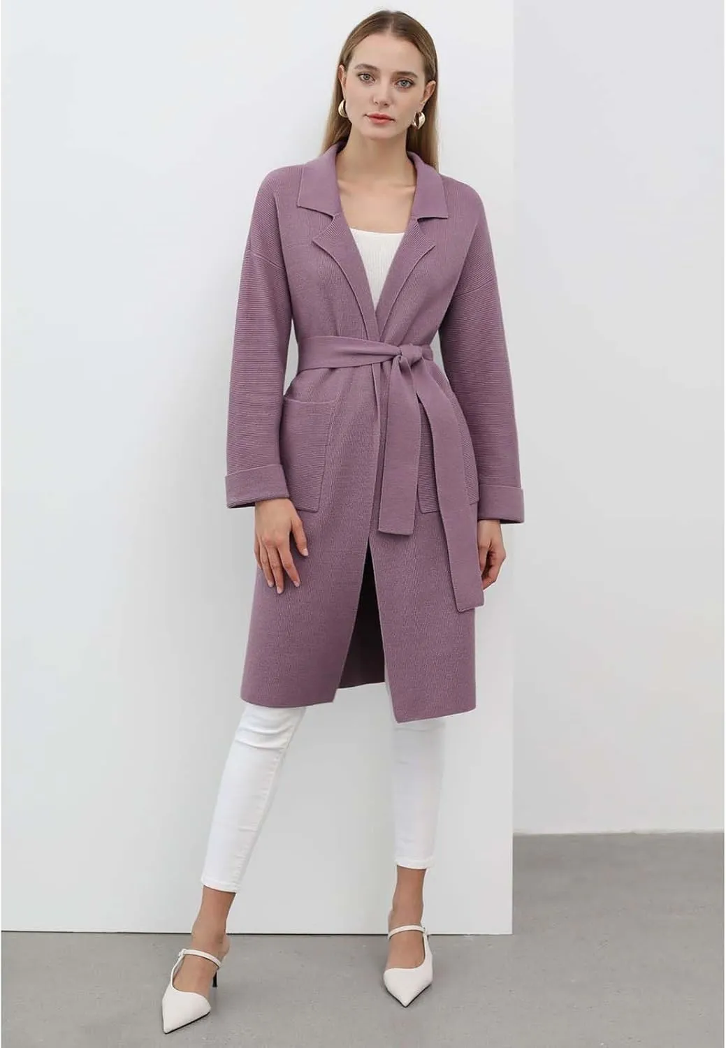CHICWISH Women's Open Front Cardigan Long Sleeve Notch Lapel Belted Longline Coatigan Ribbed Knit Coat With Pockets