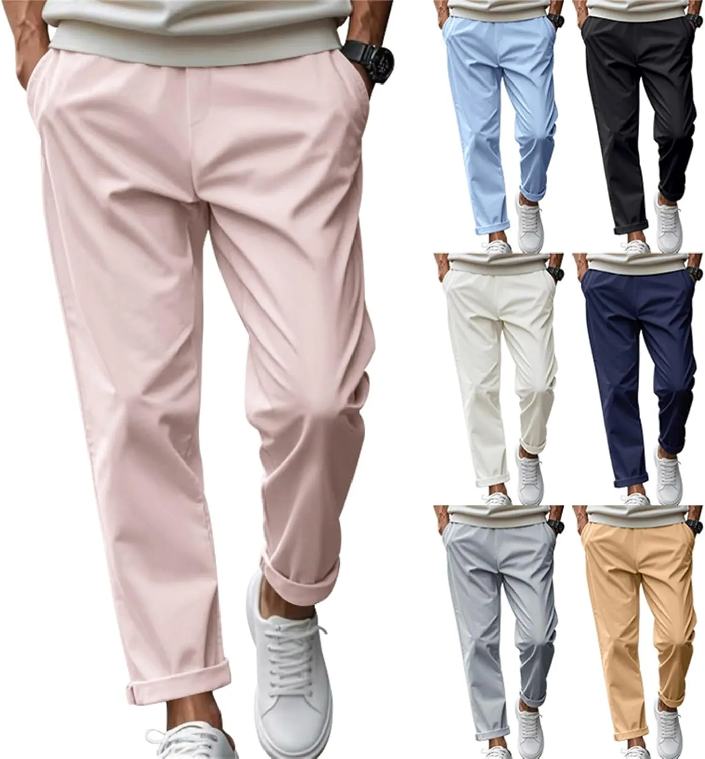 Chino Pants Men Slim Fit Drawstring Waist Dress Pants with Pockets Lightweight Straight Leg Business Casual Pants