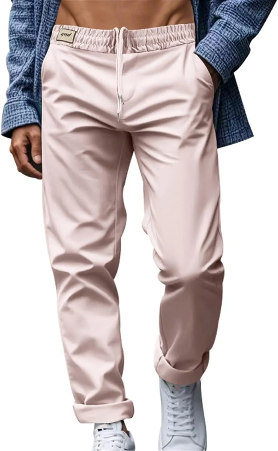 Chino Pants Men Slim Fit Drawstring Waist Dress Pants with Pockets Lightweight Straight Leg Business Casual Pants