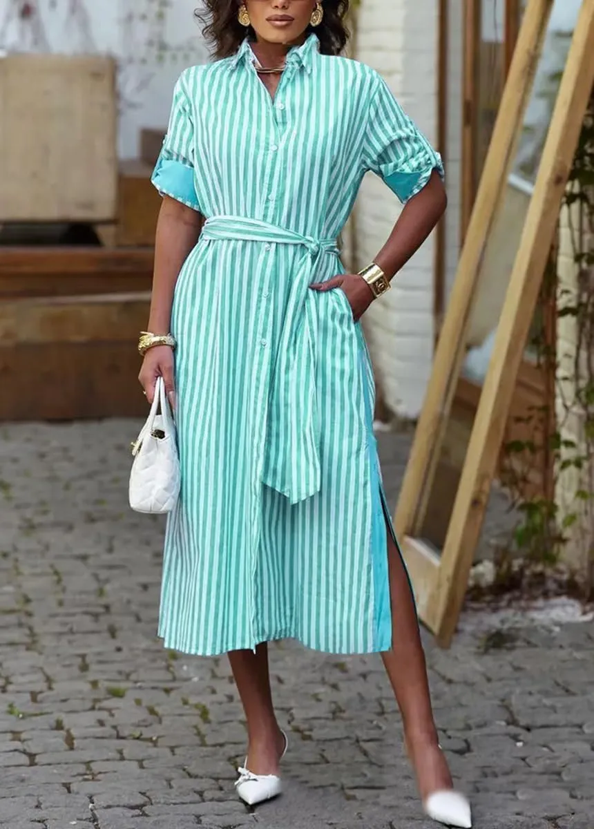 chouyatou Women's Long Sleeve Striped Shirt Dress Casual Button Down Midi Long Beach Dress with Belt