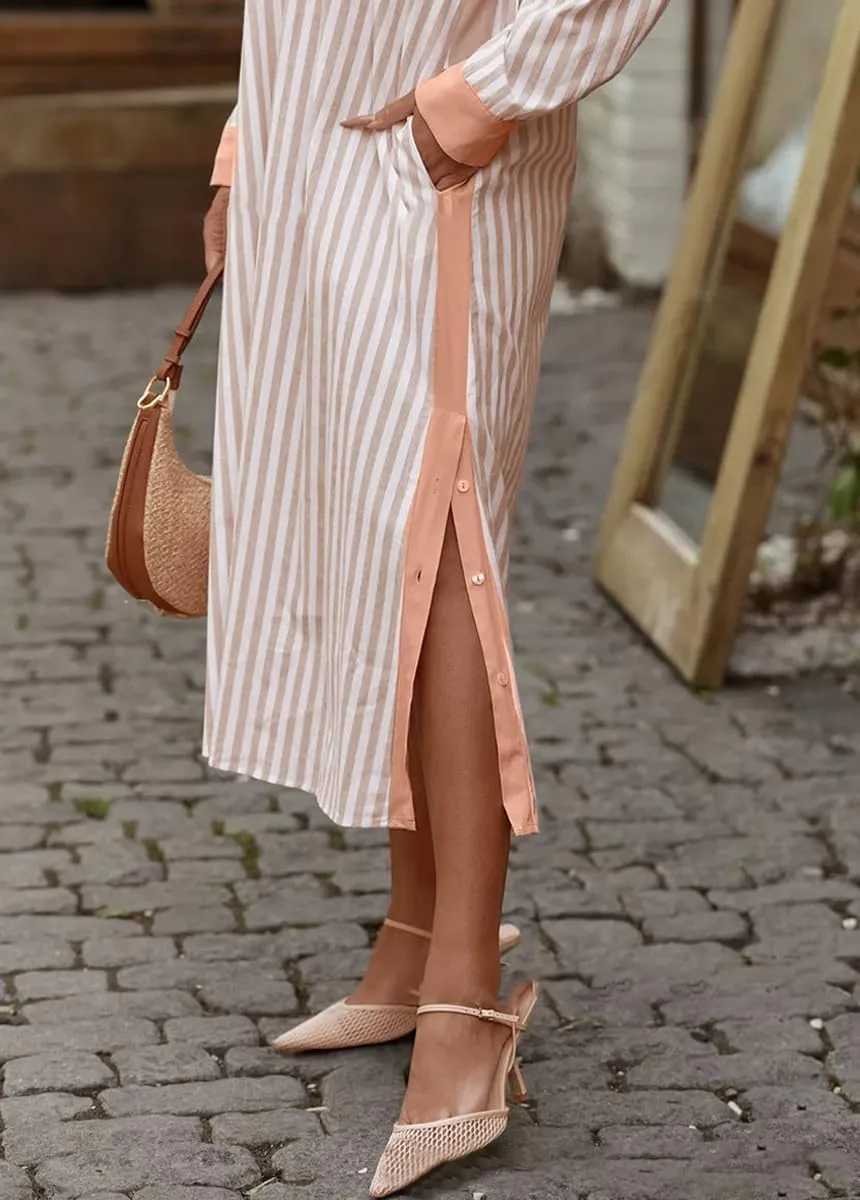 chouyatou Women's Long Sleeve Striped Shirt Dress Casual Button Down Midi Long Beach Dress with Belt