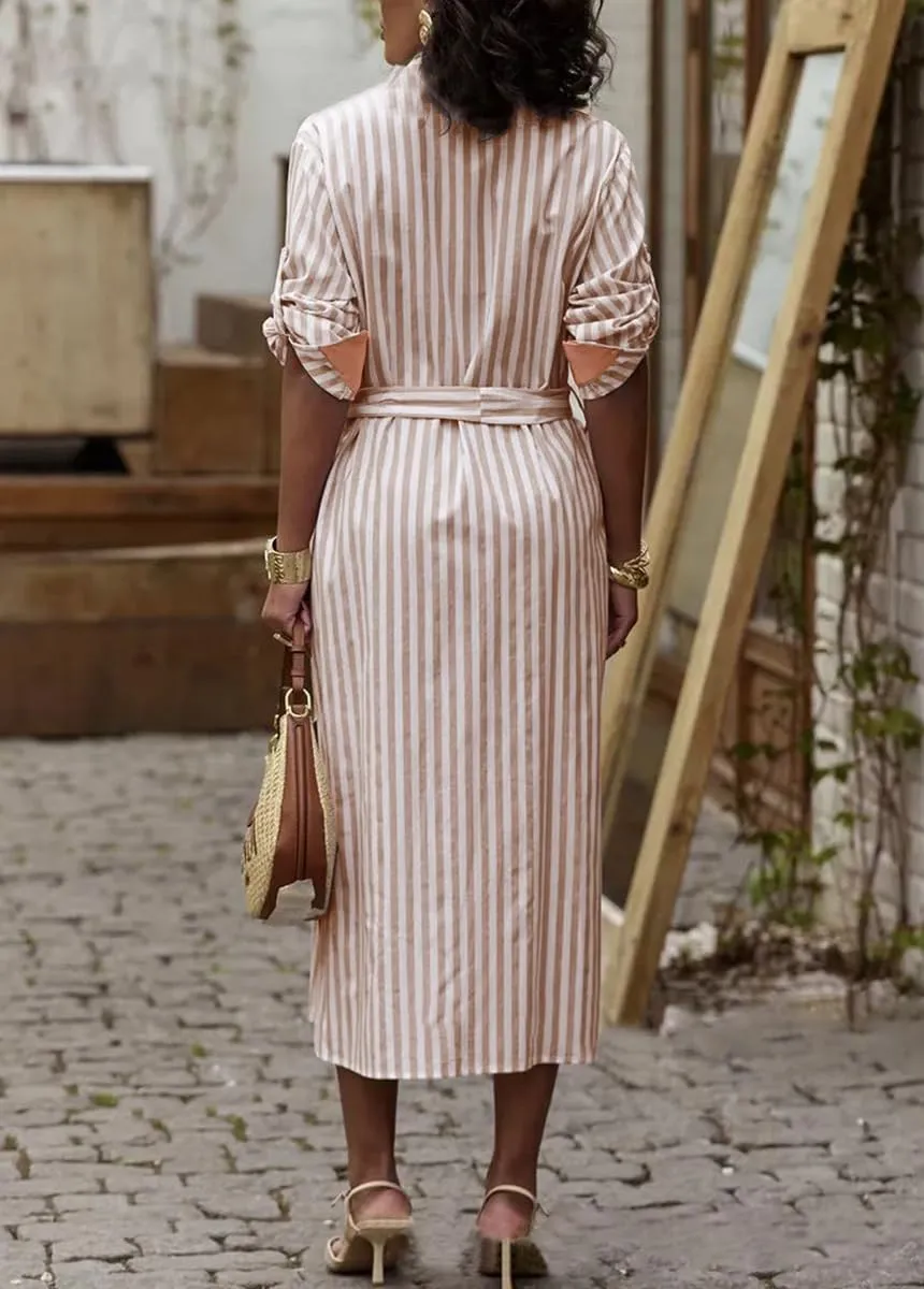 chouyatou Women's Long Sleeve Striped Shirt Dress Casual Button Down Midi Long Beach Dress with Belt