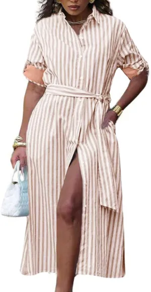 chouyatou Women's Long Sleeve Striped Shirt Dress Casual Button Down Midi Long Beach Dress with Belt