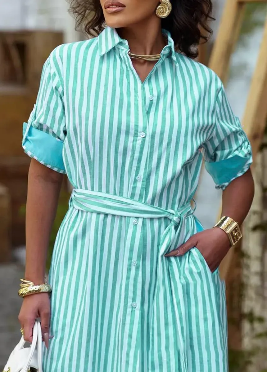 chouyatou Women's Long Sleeve Striped Shirt Dress Casual Button Down Midi Long Beach Dress with Belt