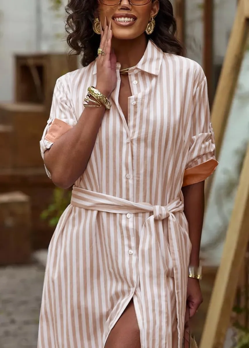 chouyatou Women's Long Sleeve Striped Shirt Dress Casual Button Down Midi Long Beach Dress with Belt
