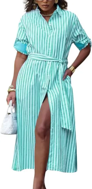 chouyatou Women's Long Sleeve Striped Shirt Dress Casual Button Down Midi Long Beach Dress with Belt