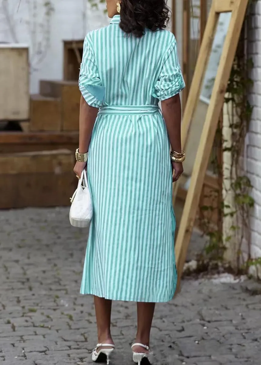 chouyatou Women's Long Sleeve Striped Shirt Dress Casual Button Down Midi Long Beach Dress with Belt