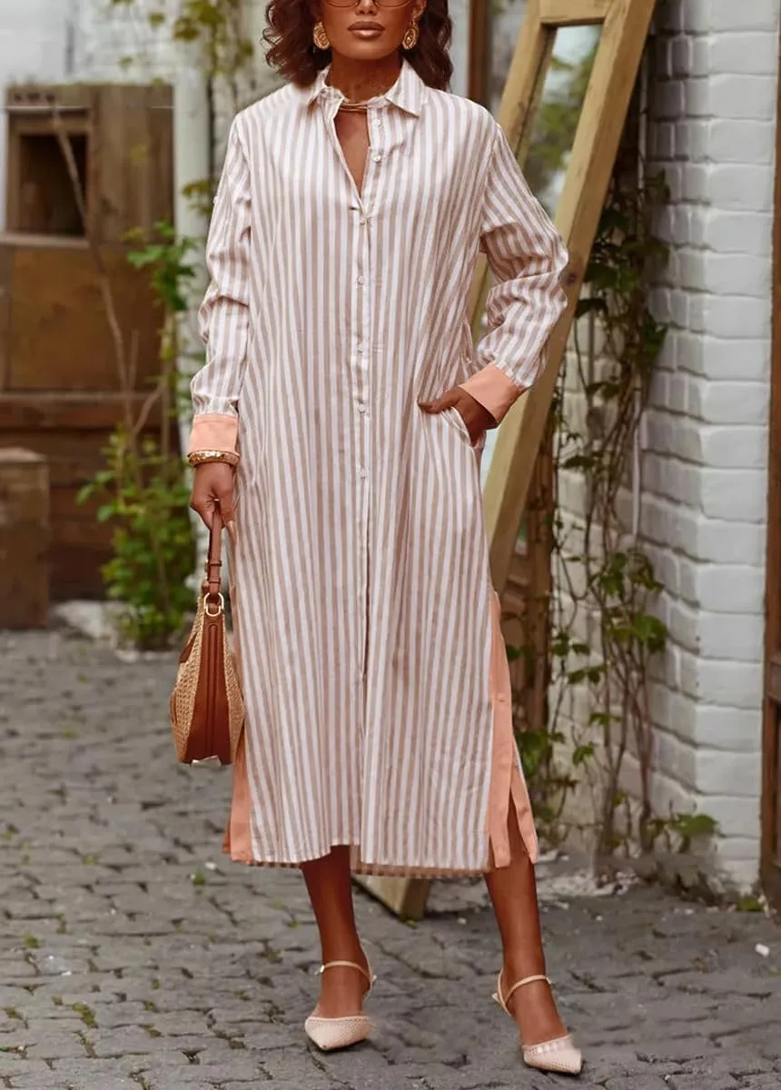 chouyatou Women's Long Sleeve Striped Shirt Dress Casual Button Down Midi Long Beach Dress with Belt