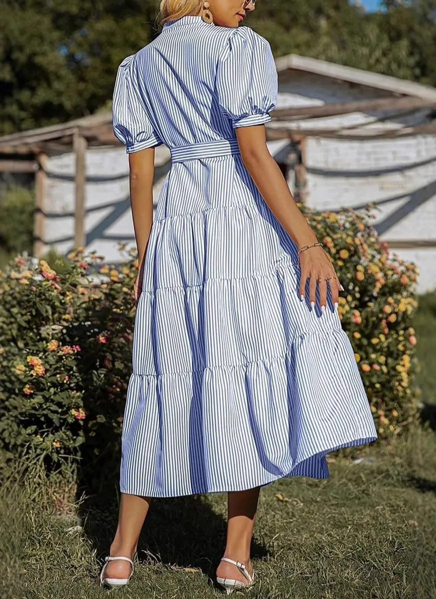 chouyatou Women's Summer Business Casual Stripe Shirt Dress Puff Short Sleeve Tiered Midi Long Beach Dress