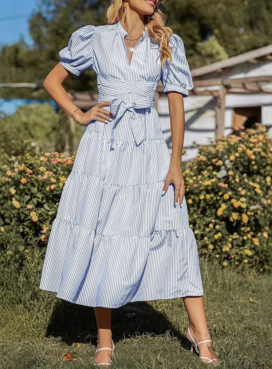 chouyatou Women's Summer Business Casual Stripe Shirt Dress Puff Short Sleeve Tiered Midi Long Beach Dress