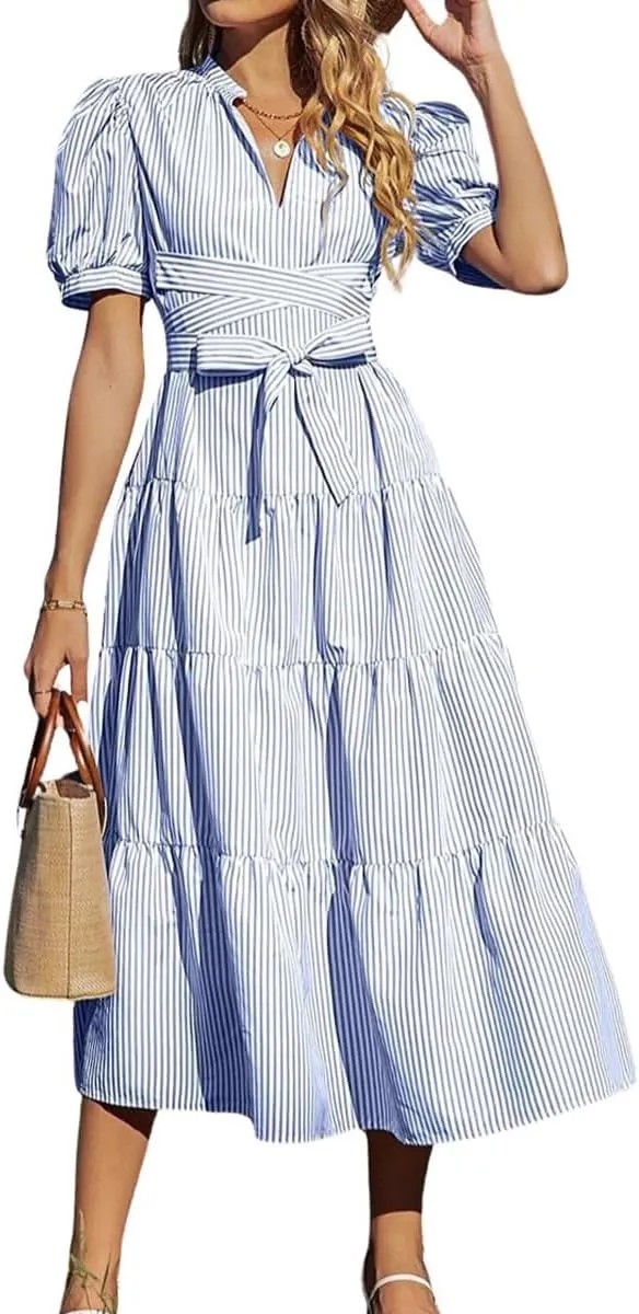 chouyatou Women's Summer Business Casual Stripe Shirt Dress Puff Short Sleeve Tiered Midi Long Beach Dress