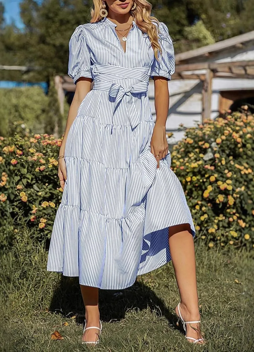 chouyatou Women's Summer Business Casual Stripe Shirt Dress Puff Short Sleeve Tiered Midi Long Beach Dress