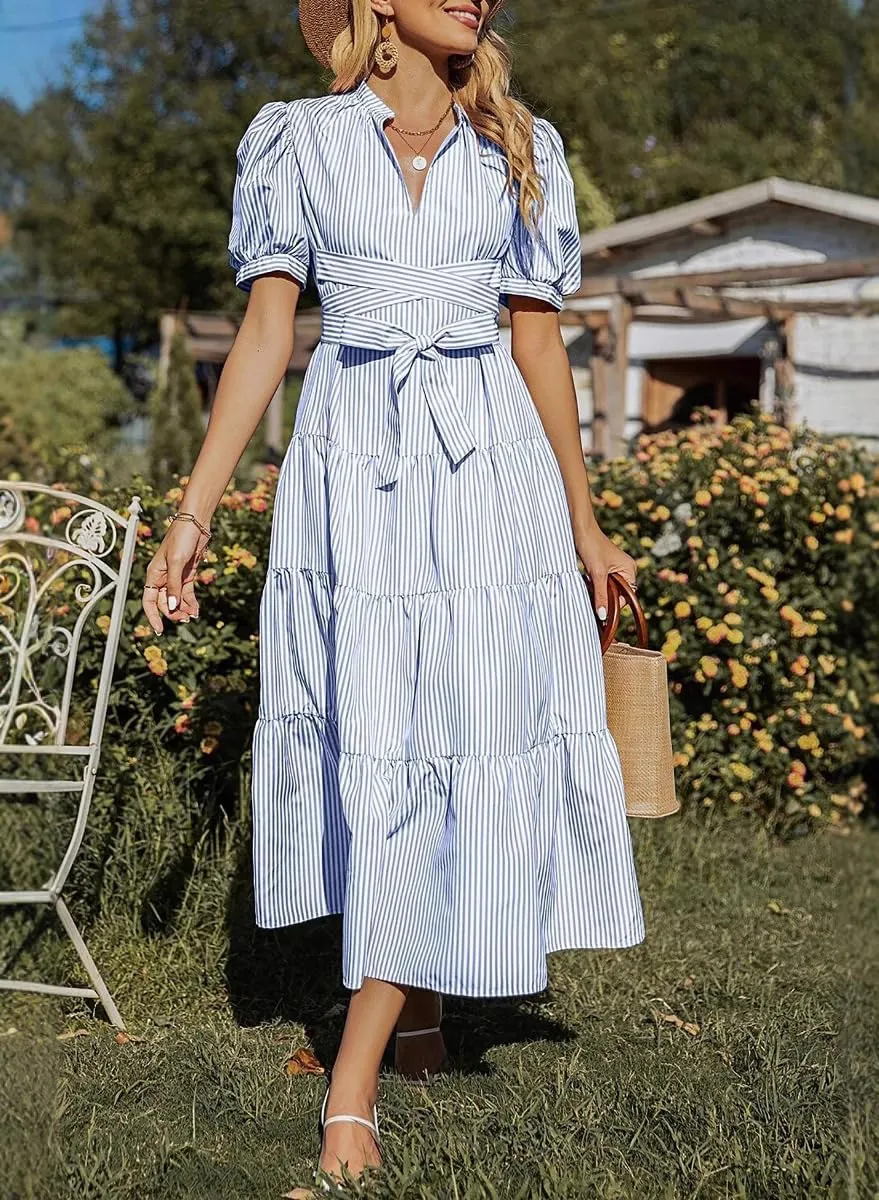 chouyatou Women's Summer Business Casual Stripe Shirt Dress Puff Short Sleeve Tiered Midi Long Beach Dress