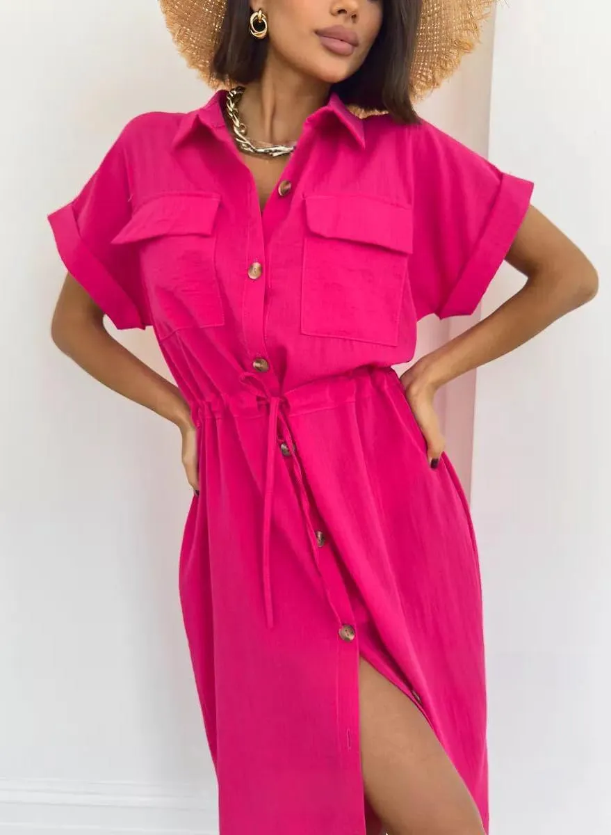 chouyatou Women's Summer Button Down Shirt Dress High Elastic Waist Boho Beach Midi Long Tunic Dress