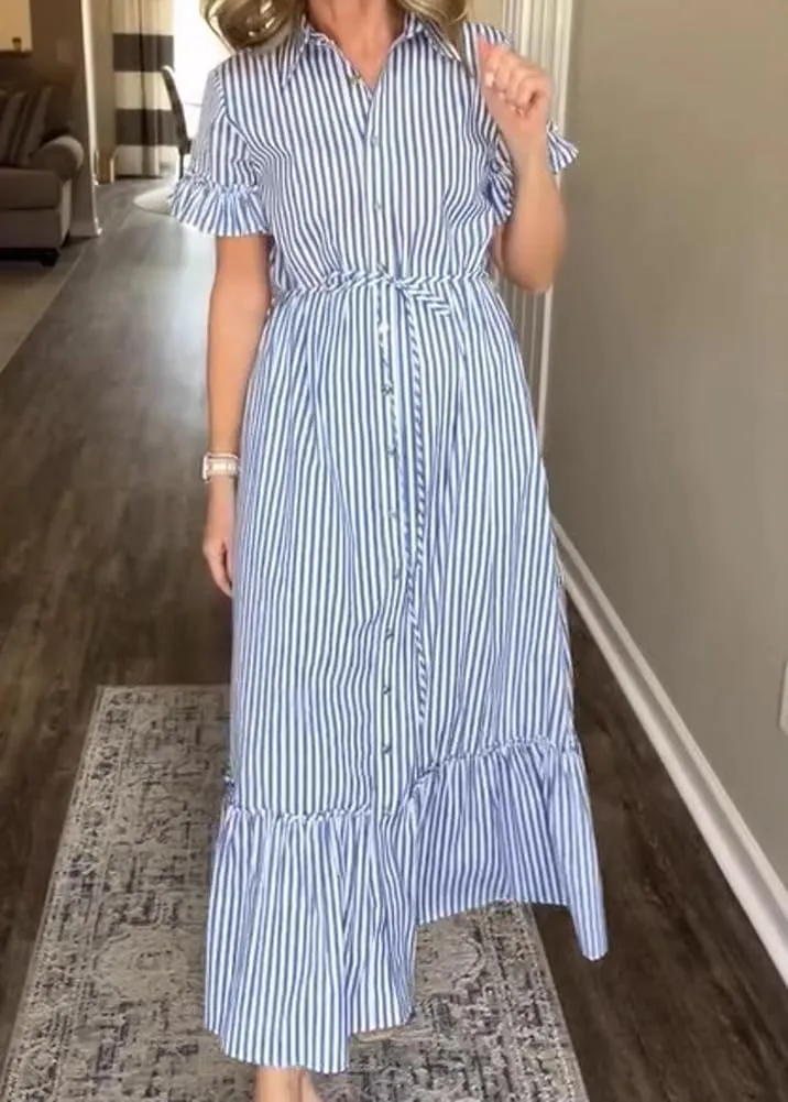 chouyatou Women's Summer Loose Stripe Maxi Shirt Dress Short Sleeve Drawstring Long Button Down Dress Sundress