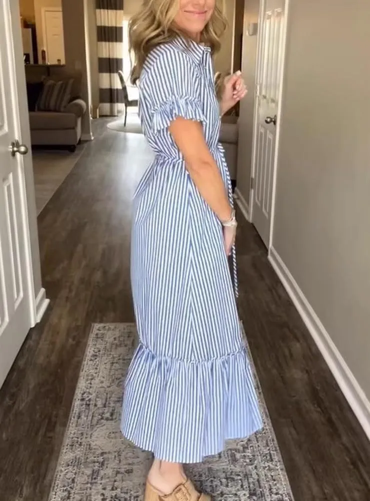 chouyatou Women's Summer Loose Stripe Maxi Shirt Dress Short Sleeve Drawstring Long Button Down Dress Sundress