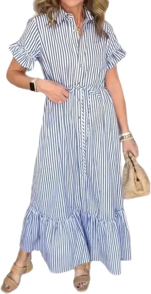 chouyatou Women's Summer Loose Stripe Maxi Shirt Dress Short Sleeve Drawstring Long Button Down Dress Sundress