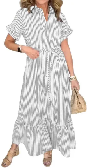 chouyatou Women's Summer Loose Stripe Maxi Shirt Dress Short Sleeve Drawstring Long Button Down Dress Sundress