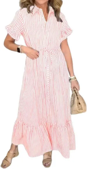 chouyatou Women's Summer Loose Stripe Maxi Shirt Dress Short Sleeve Drawstring Long Button Down Dress Sundress