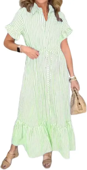 chouyatou Women's Summer Loose Stripe Maxi Shirt Dress Short Sleeve Drawstring Long Button Down Dress Sundress