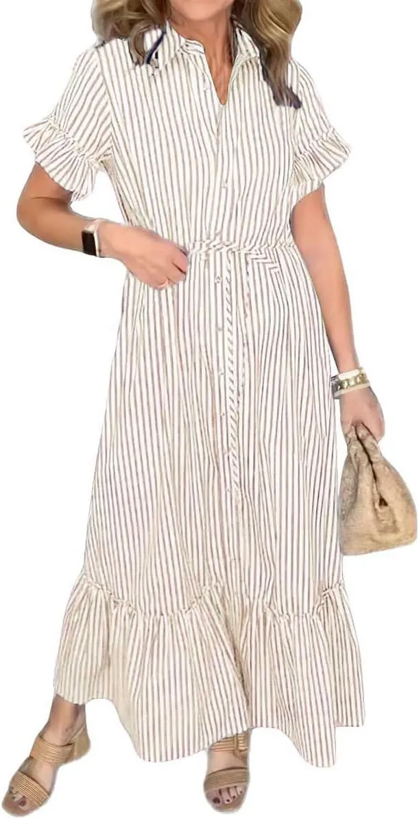 chouyatou Women's Summer Loose Stripe Maxi Shirt Dress Short Sleeve Drawstring Long Button Down Dress Sundress