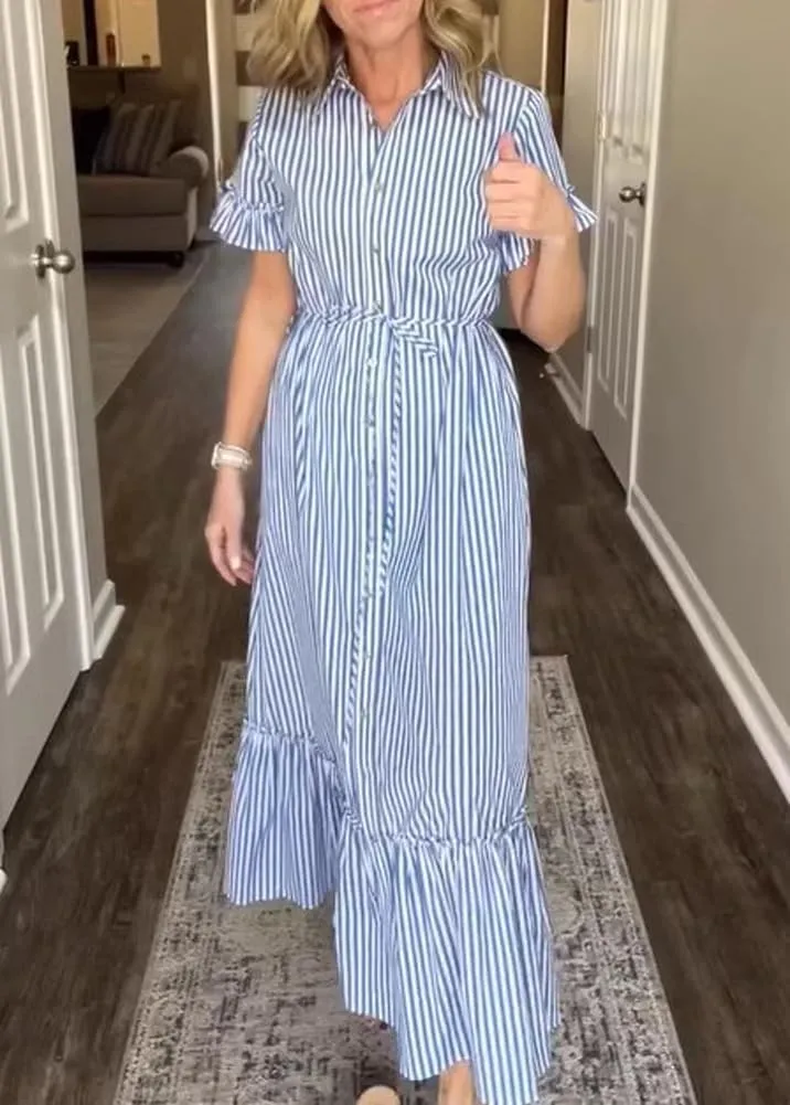 chouyatou Women's Summer Loose Stripe Maxi Shirt Dress Short Sleeve Drawstring Long Button Down Dress Sundress