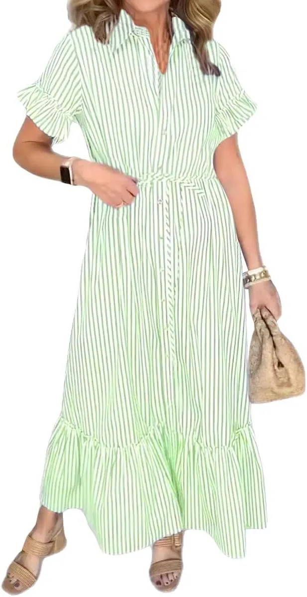 chouyatou Women's Summer Loose Stripe Maxi Shirt Dress Short Sleeve Drawstring Long Button Down Dress Sundress
