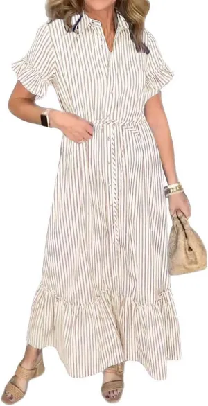chouyatou Women's Summer Loose Stripe Maxi Shirt Dress Short Sleeve Drawstring Long Button Down Dress Sundress