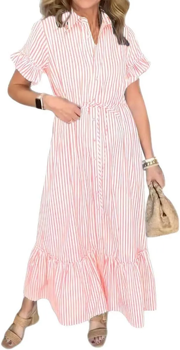 chouyatou Women's Summer Loose Stripe Maxi Shirt Dress Short Sleeve Drawstring Long Button Down Dress Sundress