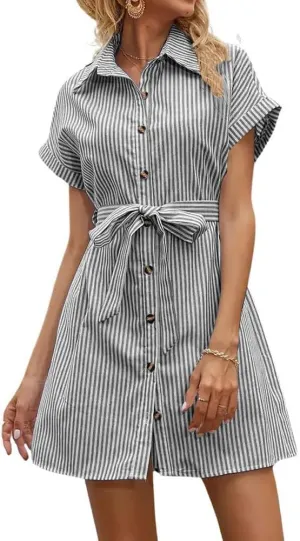 chouyatou Women's Summer Stripe Midi Long Shirt Dress Short Sleeve Button Down Tunic Dress with Belt