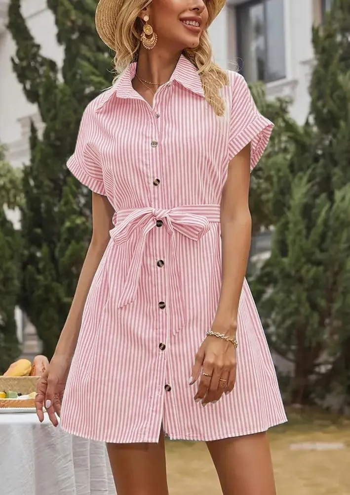 chouyatou Women's Summer Stripe Midi Long Shirt Dress Short Sleeve Button Down Tunic Dress with Belt