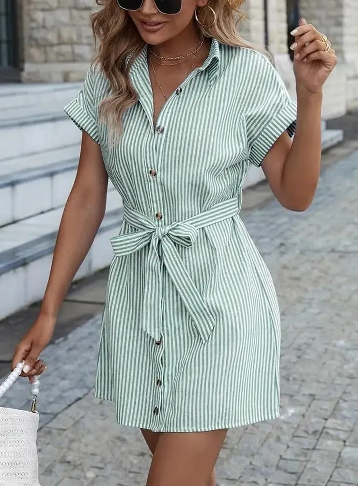 chouyatou Women's Summer Stripe Midi Long Shirt Dress Short Sleeve Button Down Tunic Dress with Belt