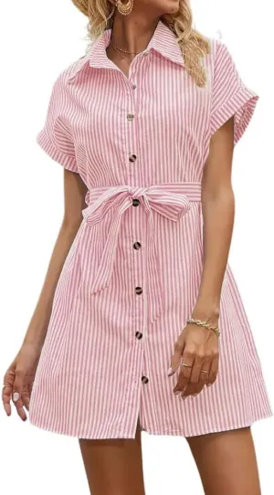 chouyatou Women's Summer Stripe Midi Long Shirt Dress Short Sleeve Button Down Tunic Dress with Belt