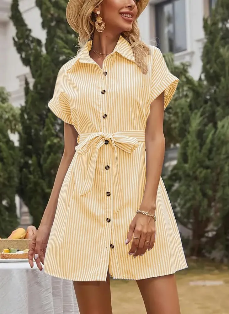 chouyatou Women's Summer Stripe Midi Long Shirt Dress Short Sleeve Button Down Tunic Dress with Belt