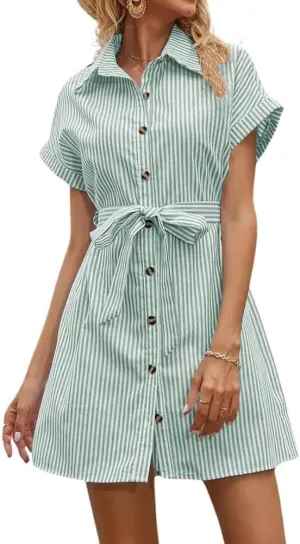 chouyatou Women's Summer Stripe Midi Long Shirt Dress Short Sleeve Button Down Tunic Dress with Belt
