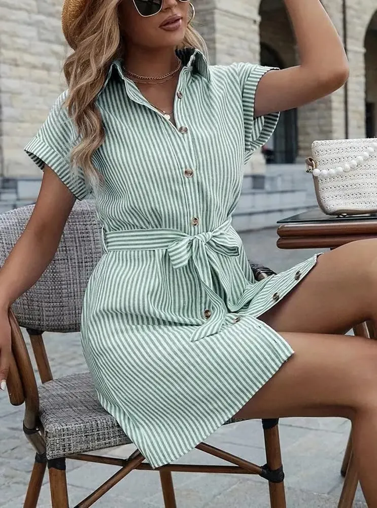 chouyatou Women's Summer Stripe Midi Long Shirt Dress Short Sleeve Button Down Tunic Dress with Belt