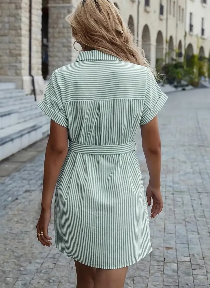 chouyatou Women's Summer Stripe Midi Long Shirt Dress Short Sleeve Button Down Tunic Dress with Belt