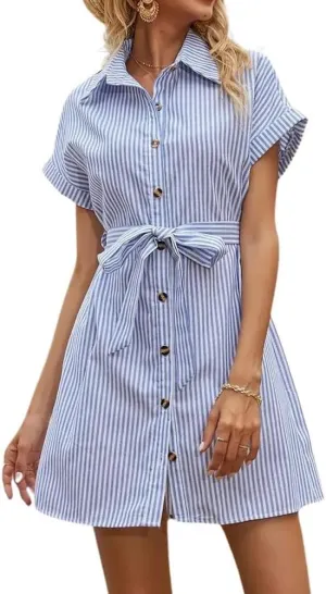chouyatou Women's Summer Stripe Midi Long Shirt Dress Short Sleeve Button Down Tunic Dress with Belt