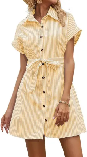 chouyatou Women's Summer Stripe Midi Long Shirt Dress Short Sleeve Button Down Tunic Dress with Belt